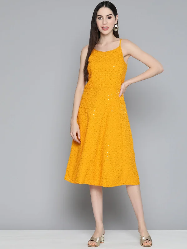 Mustard Floral Sequin Embroidered A-Line Midi Dress Stylish Midi Dress with Cuffs