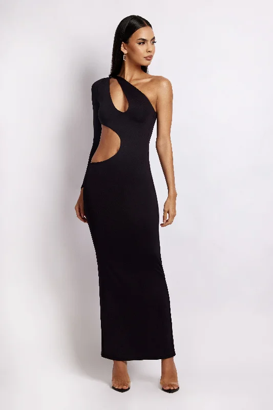 Joyce One Shoulder Cut Out Maxi Dress - Black Elegant Velvet Maxi Dress