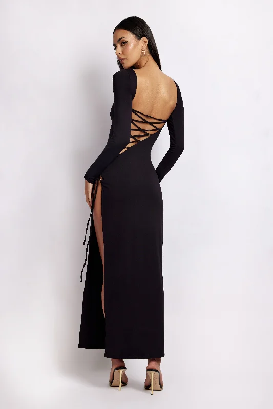 Kathryn Recycled Nylon Lace Up Maxi Dress - Black Fashionable Sleeveless Maxi Dress