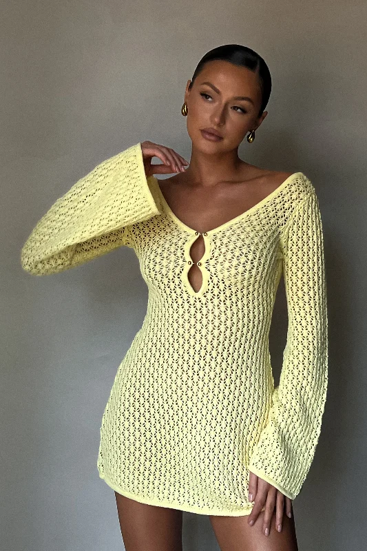 Kayleigh Crochet Knit Mini Dress - Lemon Trendy Tulle Mini Dress