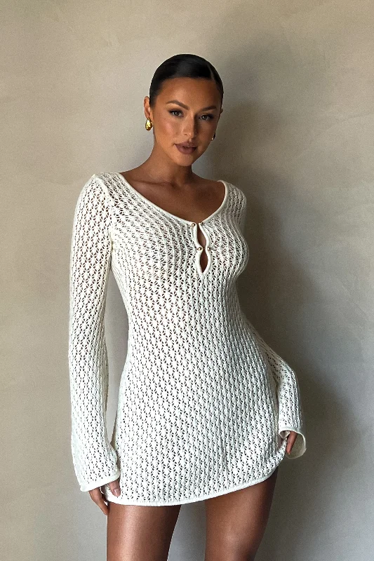 Kayleigh Crochet Knit Mini Dress - White Comfortable Linen Mini Dress