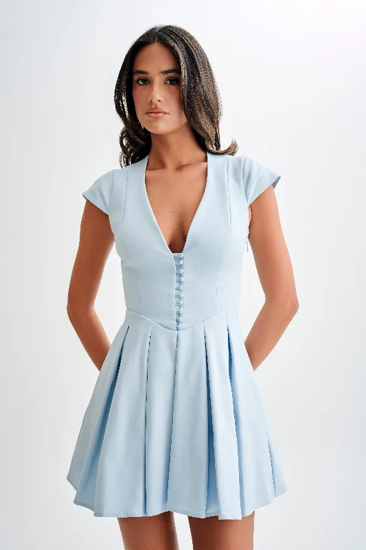 Keely Cotton Cap Sleeve Mini Dress - Sky Blue Cozy Wraparound Mini Dress