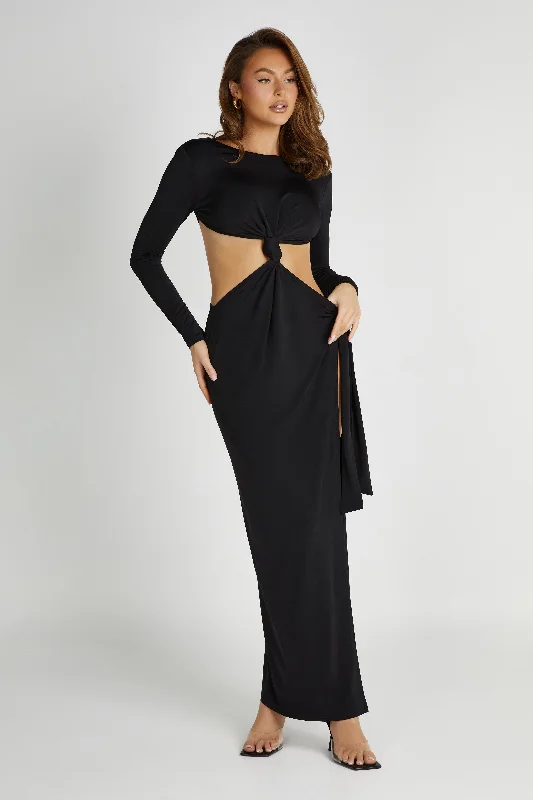 Kiandra Slinky Knot Maxi Dress - Black Fashionable Maxi Dress with Fringe