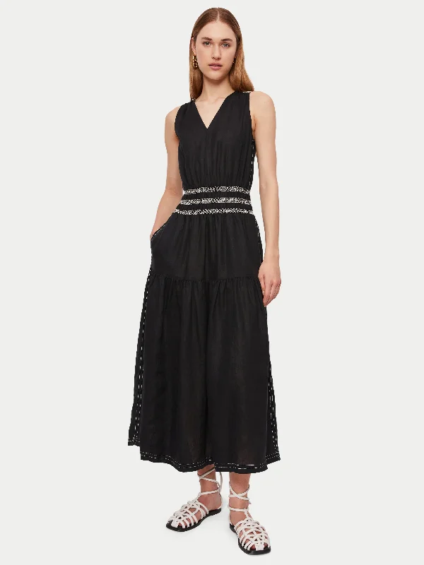 Linen Smocked Detail Maxi Dress | Black Fashionable Chiffon Tiered Maxi Dress