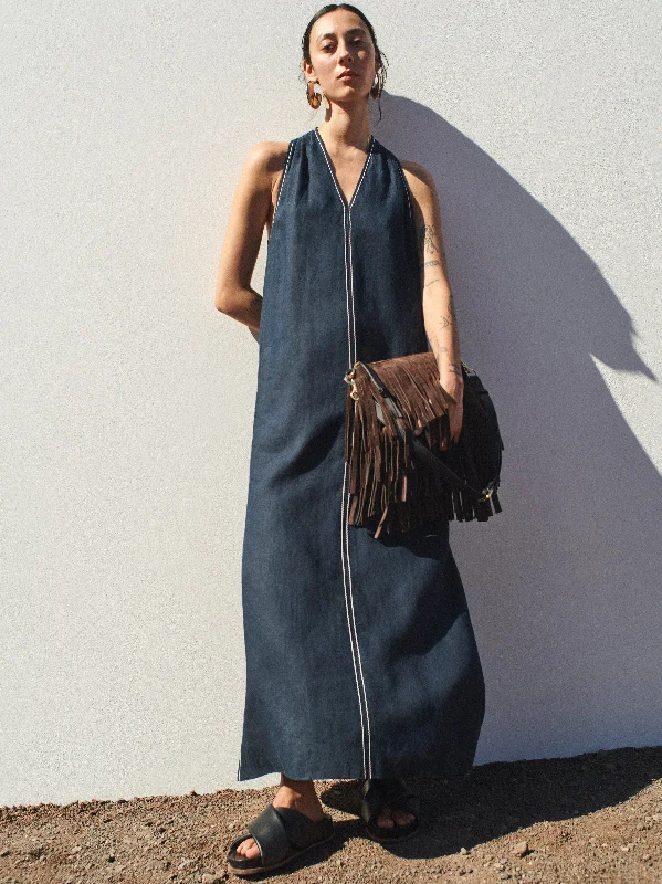 Linen Stitch Detail Maxi Dress | Navy Fashionable High-Low Maxi Dress