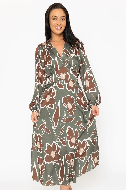 Long Sleeve Cliodhna Midi Dress Sateen Khaki Print Stylish Button-Up Midi Dress