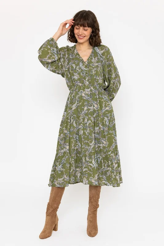 Long Sleeve Green Print Valentina Midi Dress Comfortable Short Sleeve Midi Dress