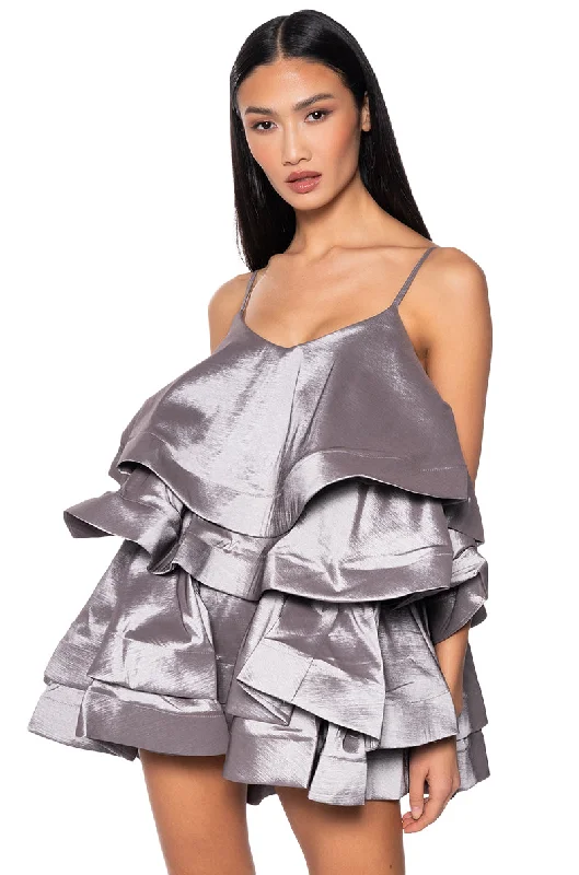 LOOKING FOR LUST RUFFLE MINI DRESS IN SILVER Stylish Puff Sleeve Mini Dress