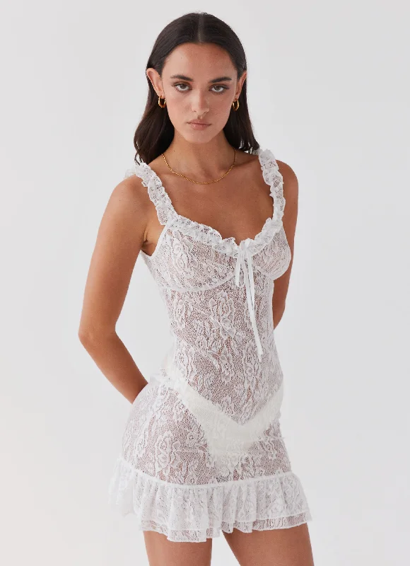 Love Lies Lace Mini Dress - Snow Fashionable Lace-Trim Mini Dress