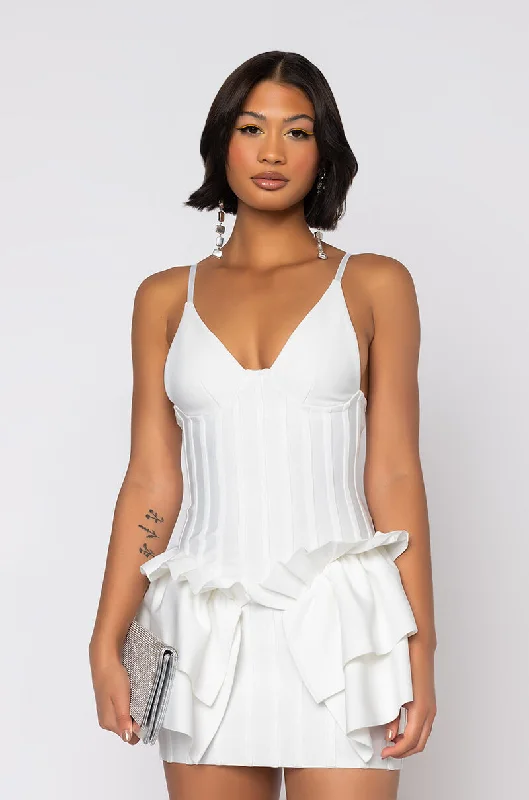 LOVE ME OR HATE ME BANDAGE MINI DRESS WITH RUFFLE WHITE Chic Mini Dress with V-Neck