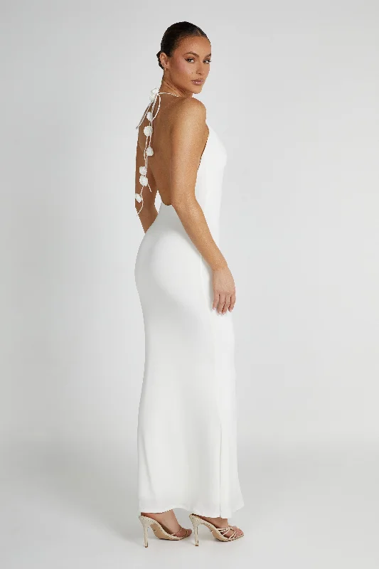 Marion Rose Halter Maxi Dress - White Cozy Maxi Dress with Slit