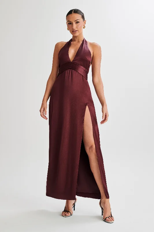 Milana Halter Maxi Dress - Plum Trendy Button Front Maxi Dress