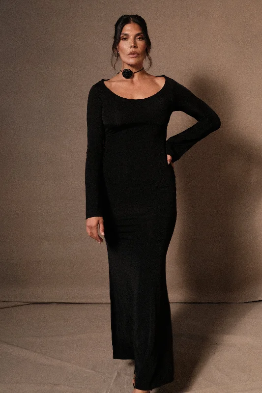 Millicent Slinky Long Sleeve Maxi Dress - Black Comfortable Bohemian Maxi Dress