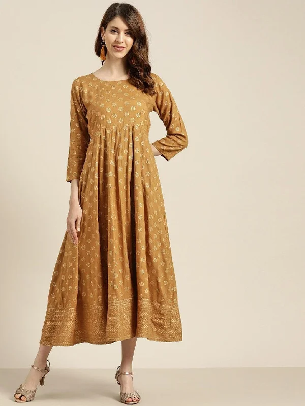 Women's Mustard Foil Print Anarkali Maxi Dress - SHAE Comfortable Maxi Dress with Sleeves