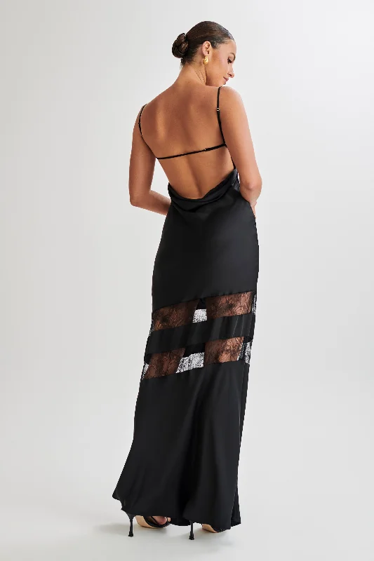 Myrna Satin Lace Maxi Dress - Black Chic Off-Shoulder Maxi Dress