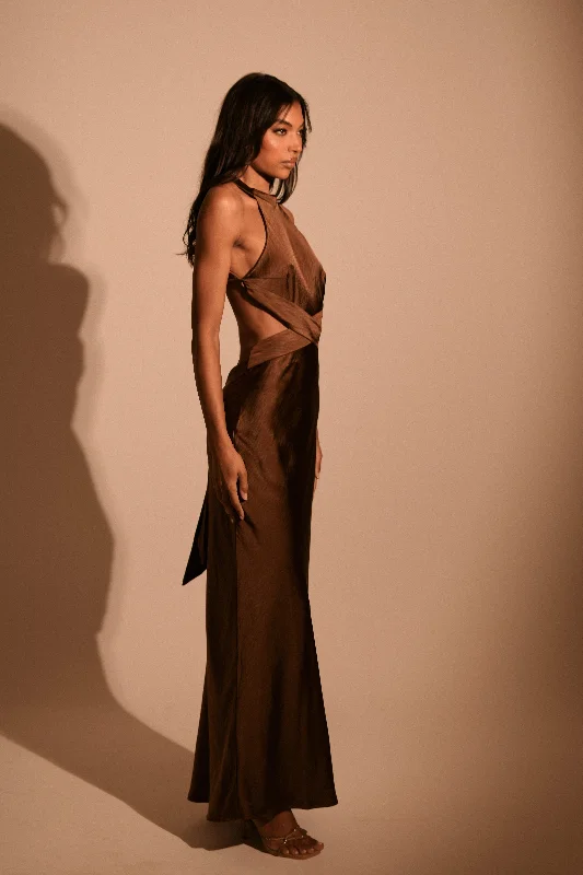 Nalani Satin Halter Maxi Dress - Chocolate Stylish Boho Maxi Dress