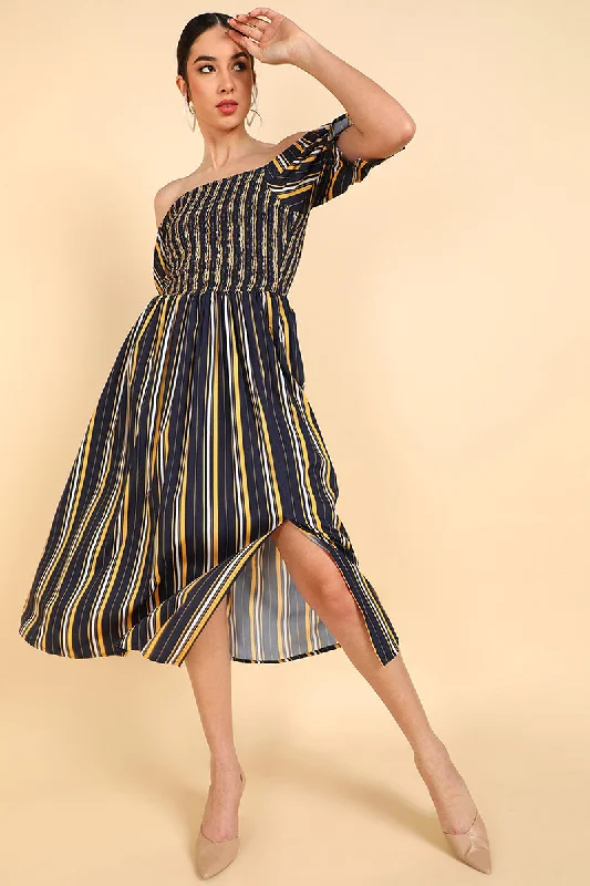 Navy Blue Polyester Striped Off Shoulder Midi Dress Stylish Long Sleeve Floral Midi Dress