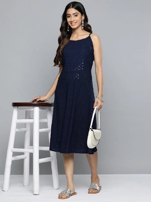 Navy Floral Sequin Embroidered A-Line Midi Dress Trendy Midi Dress with Belt