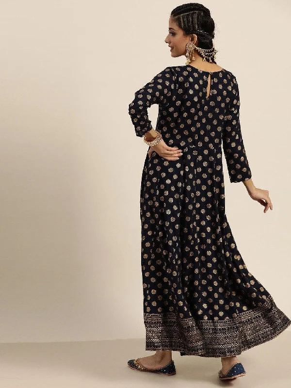 Women's Navy Foil Print Anarkali Maxi Dress - SHAE Elegant Lace-Up Maxi Dress