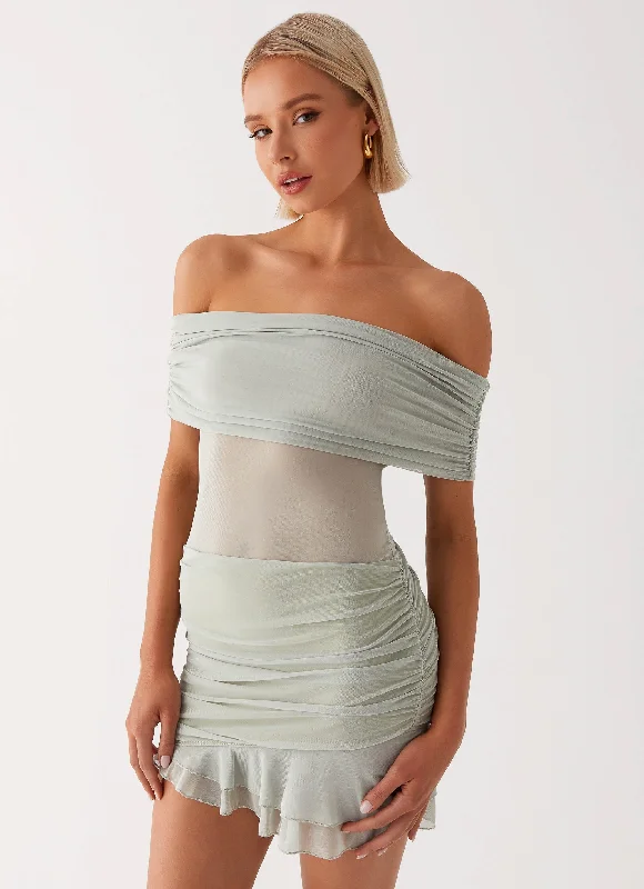 Nelly Off Shoulder Mini Dress - Pistachio Trendy Off-Shoulder Dress Mini