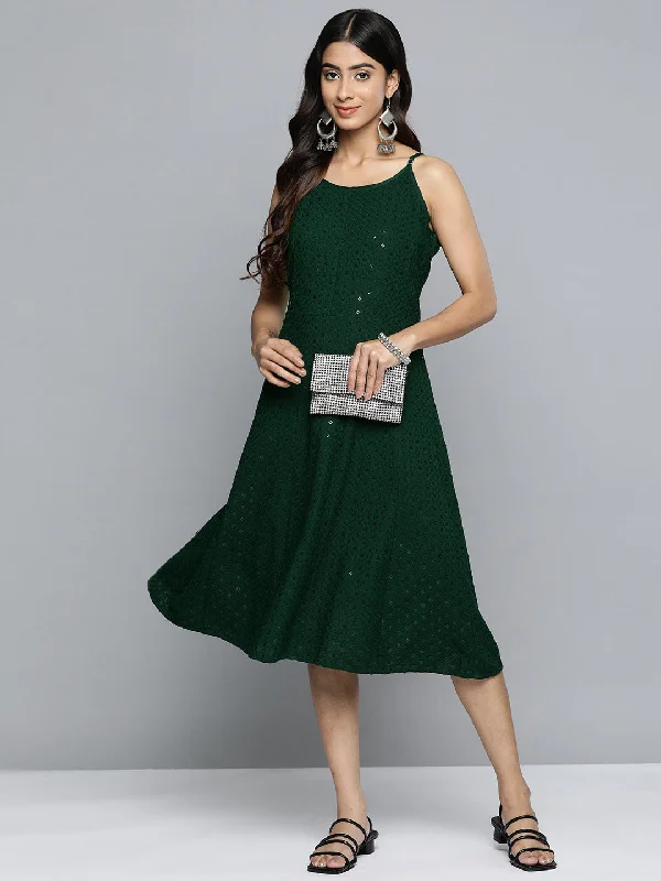 Olive Floral Sequin Embroidered A-Line Midi Dress Stylish Vintage Midi Dress