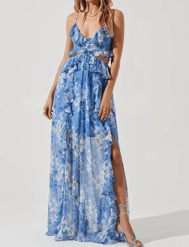 Palace Cut Out Floral Maxi Dress In Blue/white Elegant Lace-Up Maxi Dress