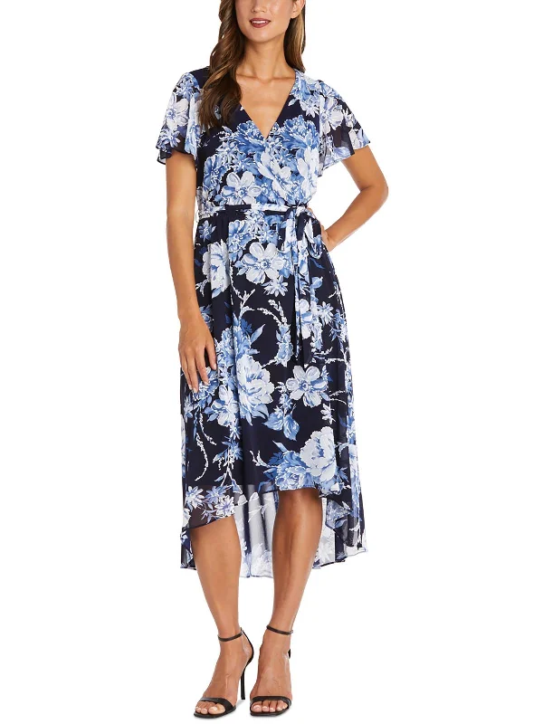 Petites Womens Floral Print Calf Midi Dress Trendy Off-Shoulder Ruffle Midi Dress