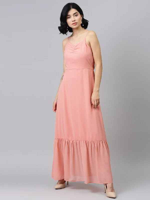 Women's Pink Strappy Frilled Hem Maxi Dress - SASSAFRAS Cozy Knit Maxi Dress