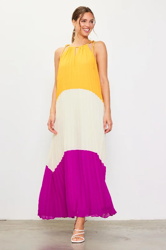 Pleated Color Block Maxi Dress Comfortable Long-Sleeve Maxi Dress