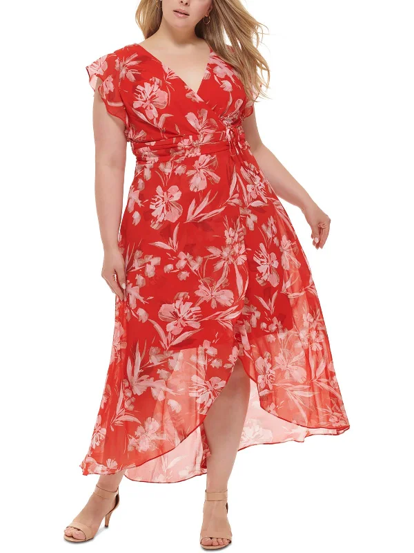 Plus Womens Chiffon Floral Maxi Dress Cozy Open-Back Maxi Dress