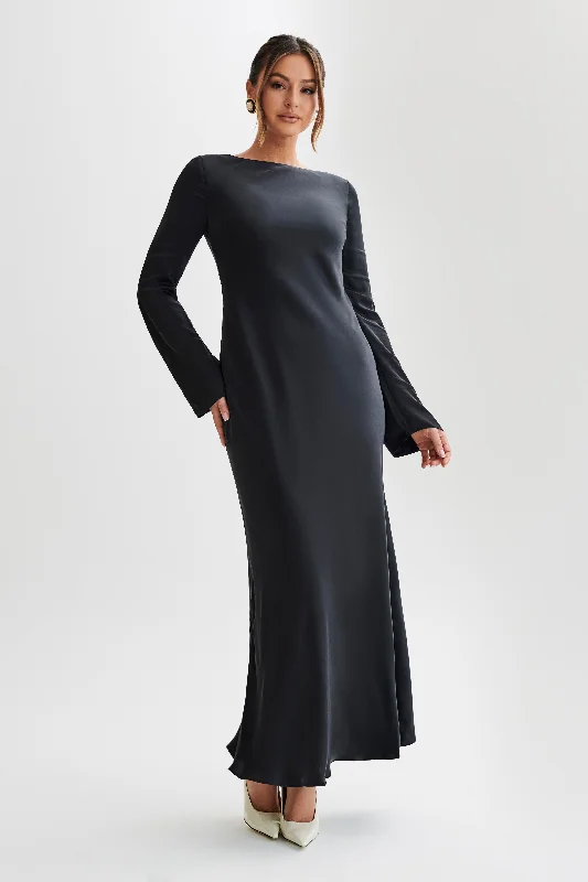 Rayleigh Long Sleeve Satin Maxi Dress - Black Elegant Silk Maxi Dress