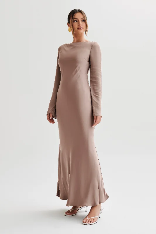 Rayleigh Long Sleeve Satin Maxi Dress - Mocha Fashionable Layered Maxi Dress