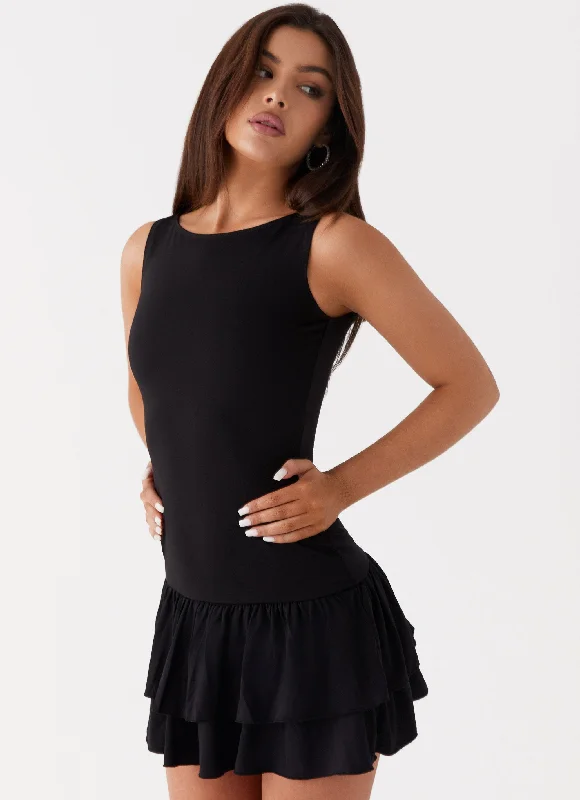 Rhiannon Frill Mini Dress - Black Cozy A-Line Mini Dress