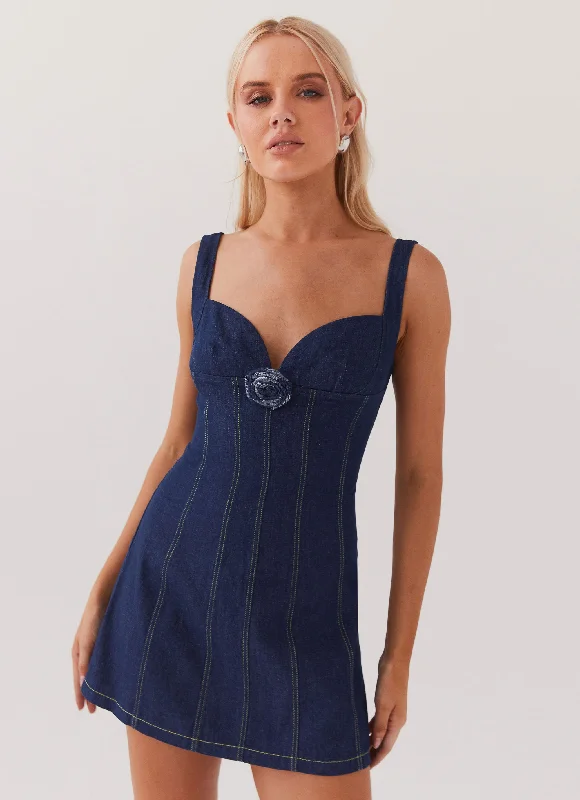 Rosalia Denim Mini Dress - Indigo Comfortable Smocked Mini Dress