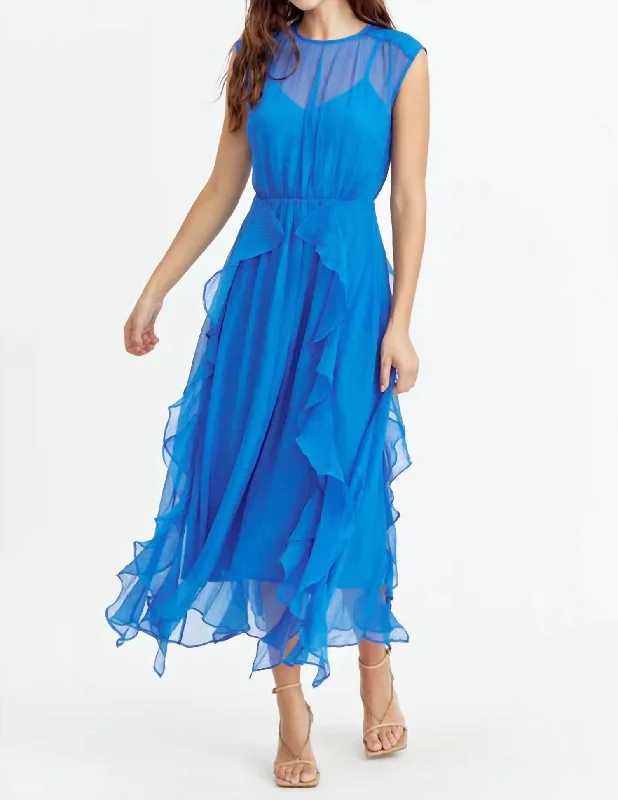 Rosalie Cascading Ruffled Midi Dress In Blue Fashionable Wide Leg Midi Dress