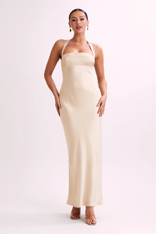 Sabra Satin Halter Maxi Dress - Gold Fashionable Open-Back Maxi Dress