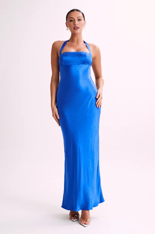 Sabra Satin Halter Maxi Dress - Periwinkle Comfortable T-Shirt Maxi Dress