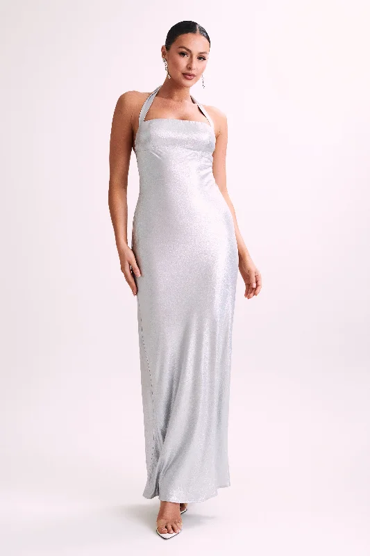 Sabra Satin Halter Maxi Dress - Silver Stylish Pleated A-Line Maxi Dress