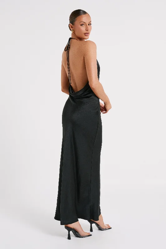 Sammy Satin Halter Maxi Dress - Black Trendy A-Line Maxi Dress