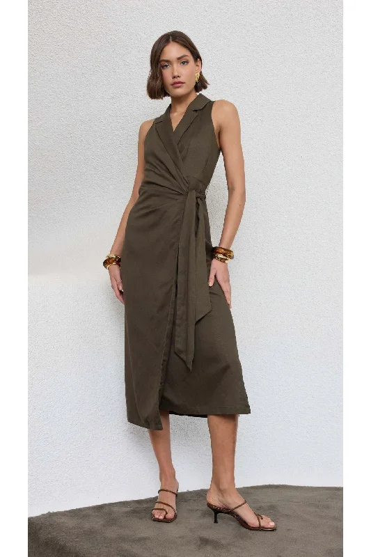 Saskia Wrap Midi Dress | Olive Stylish Off-Shoulder Ruffle Dress