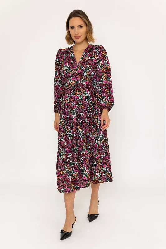 Siobhan Long Sleeve Black Print Midi Dress Comfortable Empire Waist Midi Dress