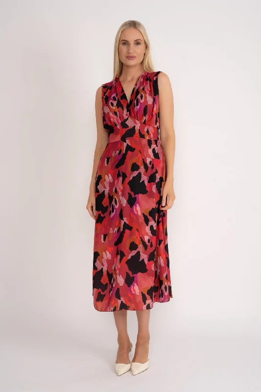 Sleeveless Cliodhna Midi Dress in Red Print Comfortable Denim Midi Dress