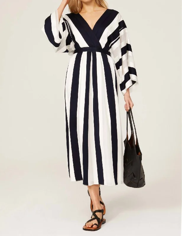 Striped Jacquard Kimono Midi Dress In Blue Stylish Wraparound Midi Dress