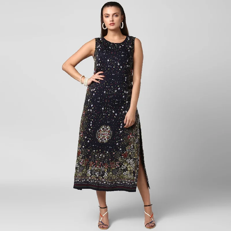 Women's Black Rayon Printed Maxi Dress - StyleStone Elegant Sleeveless Maxi Dress