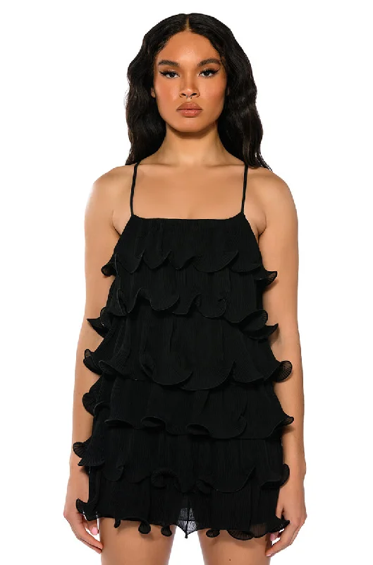 SWEETIE PLEATED RUFFLE SLEEVELESS MINI DRESS IN BLACK Comfortable Linen Mini Dress