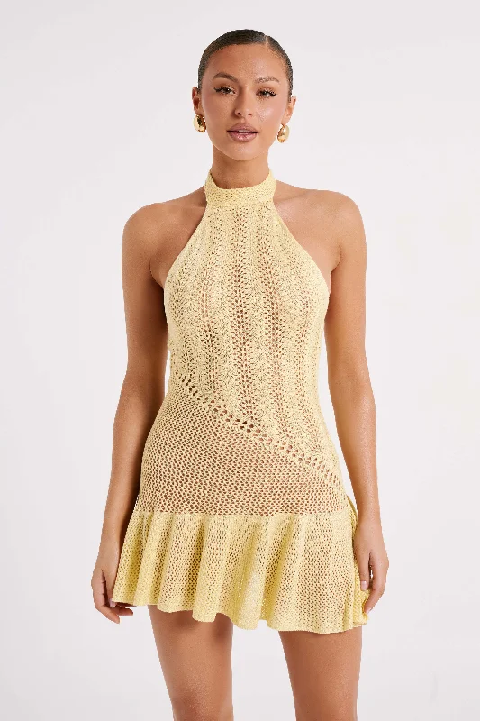 Tash Mixed Yarn Halter Mini Dress - Lemon Casual V-Neck Mini Dress