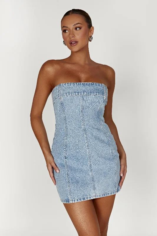 Teddi Denim Mini Dress - Mid Blue Elegant Satin Lace Mini Dress