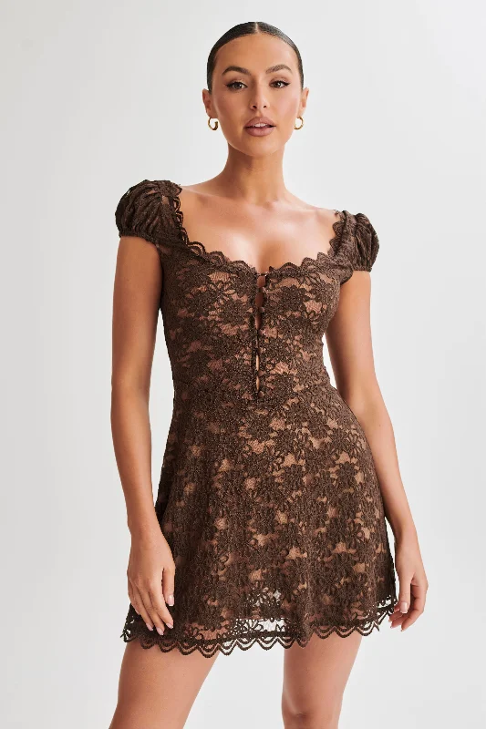 Temperance Lace A-Line Mini Dress - Chocolate Elegant Lace-Up Mini Dress