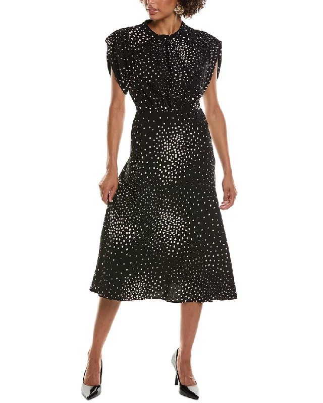 Teri Jon by Rickie Freeman Crepe Polka Dot Cinched Midi Dress Comfortable Button Front Midi Dress