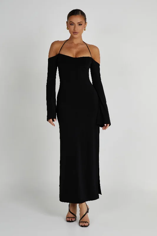 Tia Slinky Off Shoulder Maxi Dress - Black Fashionable Asymmetrical Maxi Dress